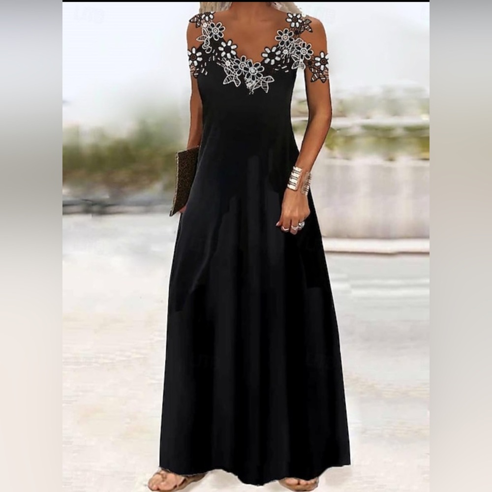 Black Modal A-line V-neck Maxi Dress Sleeveless Daisy Patchwork Straps Size XXL